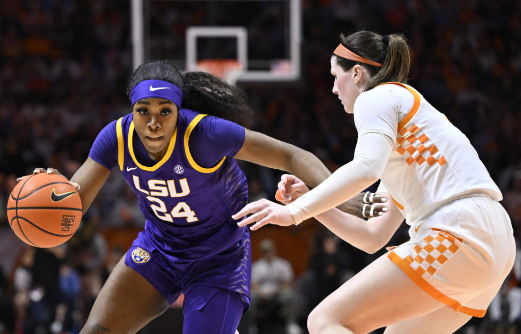 Tennessee's Sara Puckett defends LSU's Aneesah Morrow in the 2024 race.