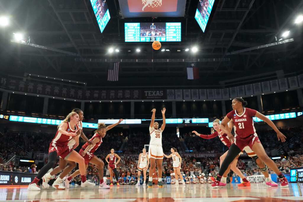 Texas star Madison Booker makes a free throw against Alabama in the 2024 Sweet Sixteen.