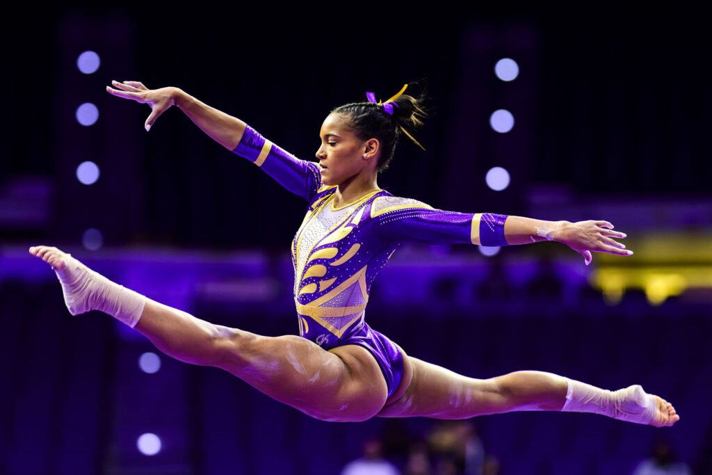 No. 2 LSU's Haleigh Bryant performs a split jump at the 2024 NCAA Gymnastics Competition.